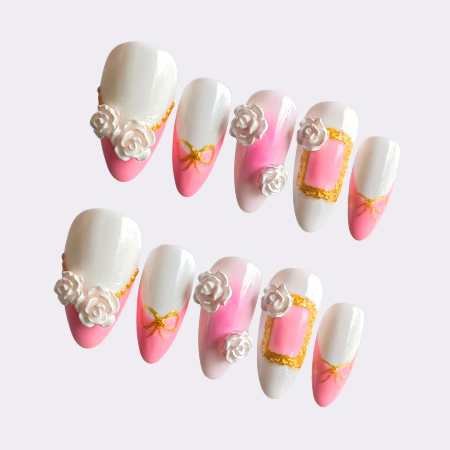 Pink & White Gel Press-On Nails with White Roses