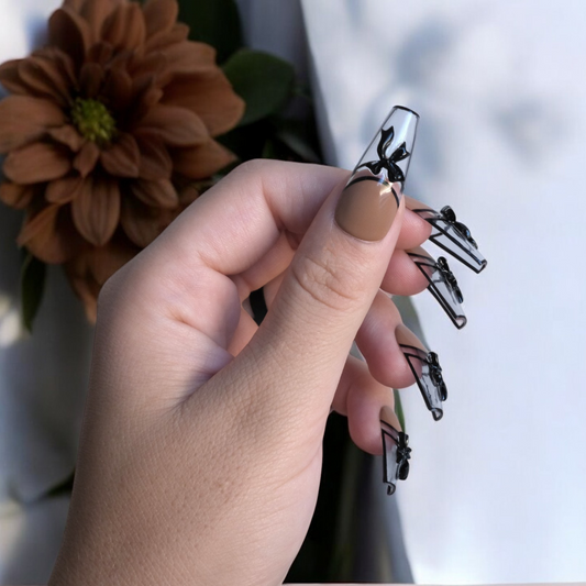 Brown Press-On Gel Nails with Clear Tips & 3D Bows