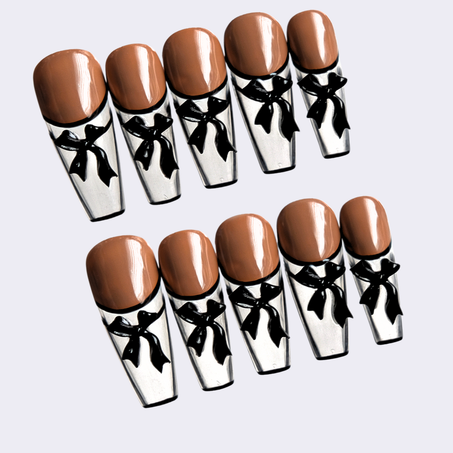 Brown Press-On Gel Nails with Clear Tips & 3D Bows