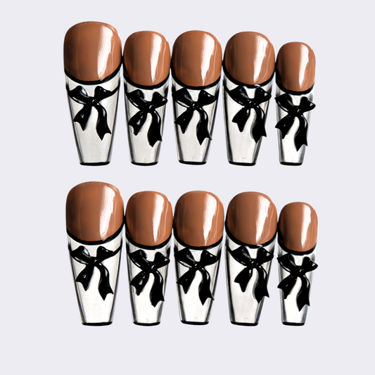 Brown Press-On Gel Nails with Clear Tips & 3D Bows