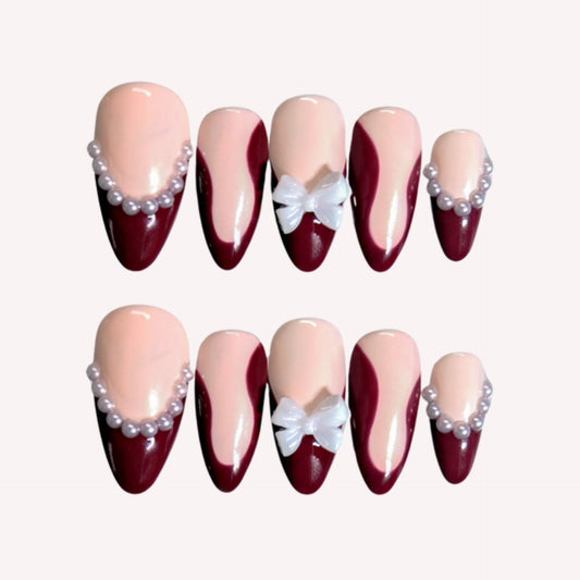 Burgundy Press-On Gel Nails with Pearls & Bows