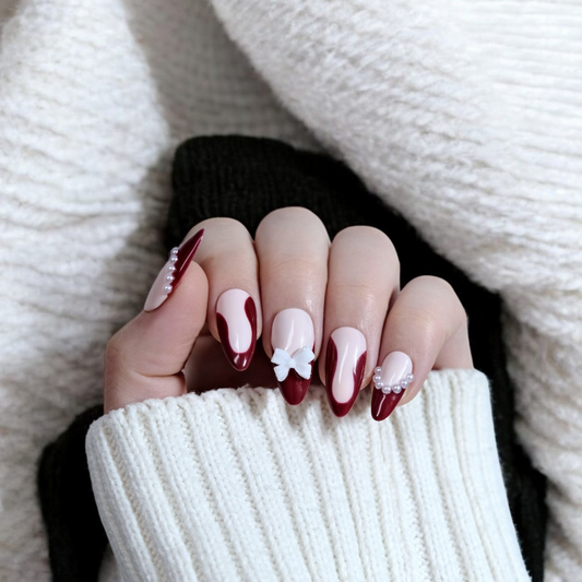 Burgundy Press-On Gel Nails with Pearls & Bows