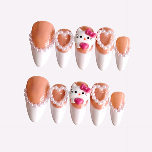 French Gel Press-On Nails with 3D Bows & Kawaii Design