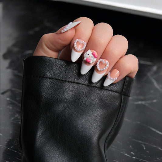 French Gel Press-On Nails with 3D Bows & Kawaii Design
