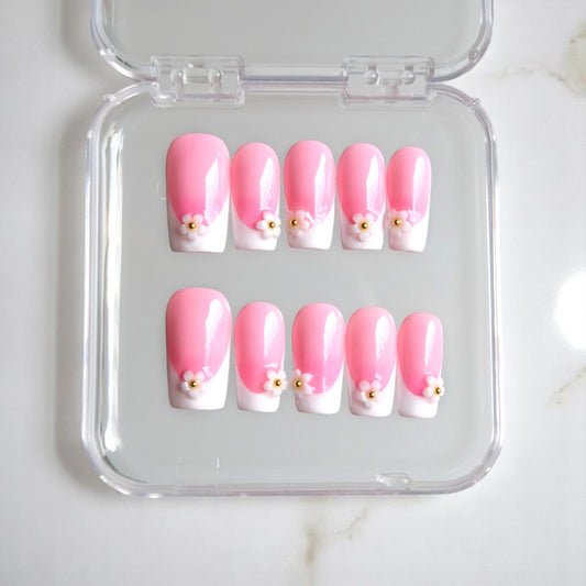  Pink French Gel Press-On Nails with Flowers