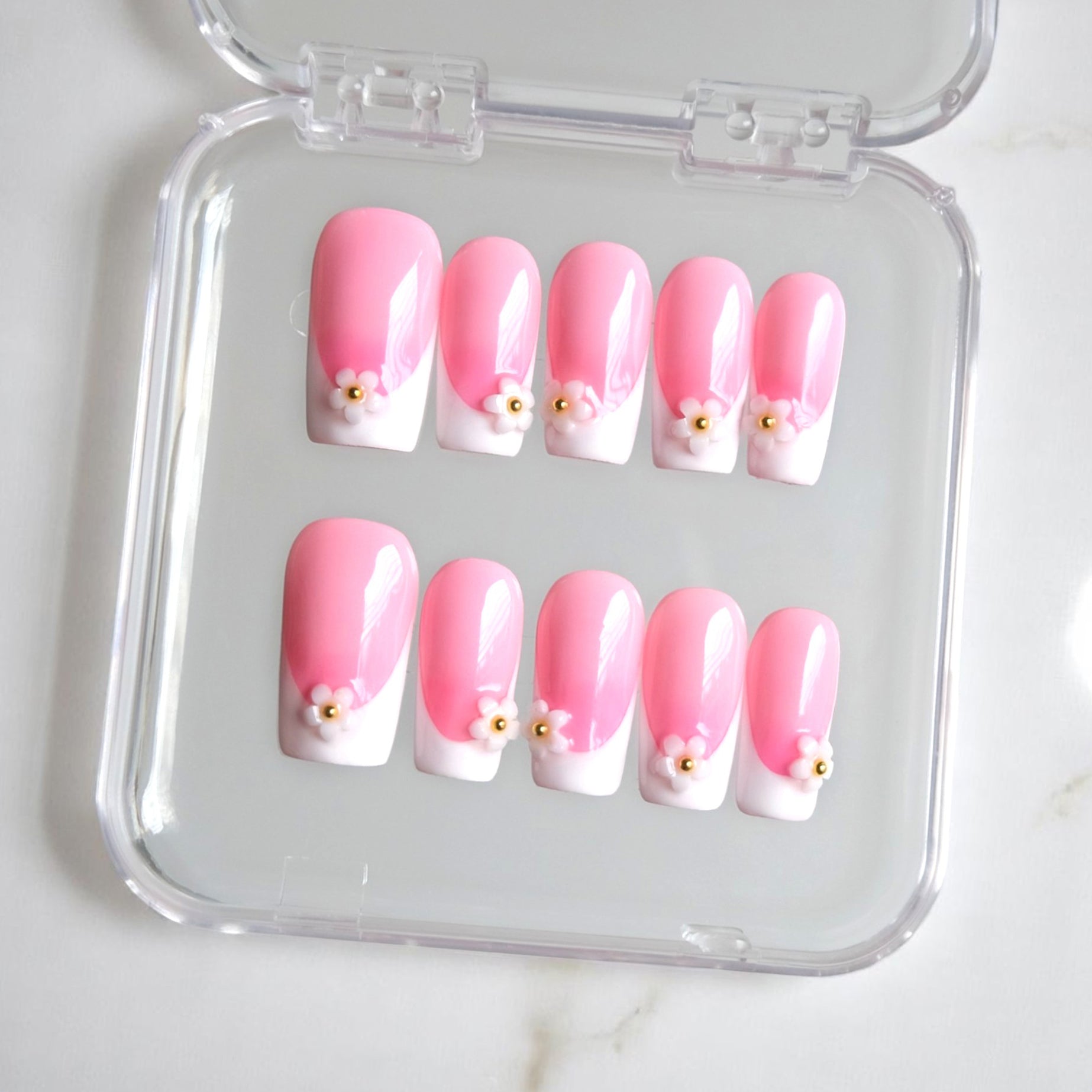  Pink French Gel Press-On Nails with Flowers