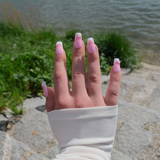 Pink French Gel Press-On Nails with Flowers