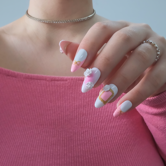 Pink & White Gel Press-On Nails with White Roses