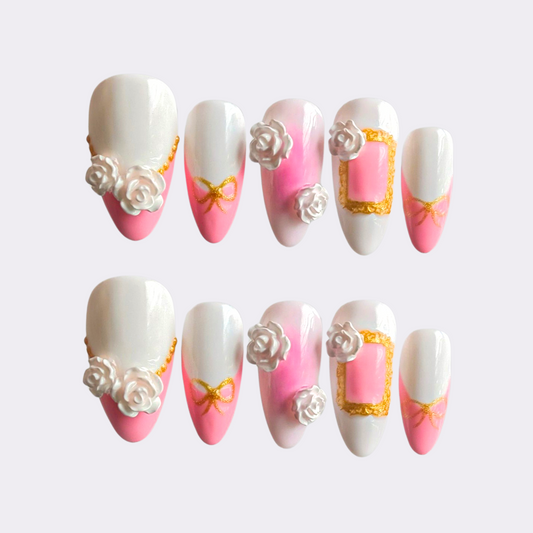 Pink & White Gel Press-On Nails with White Roses