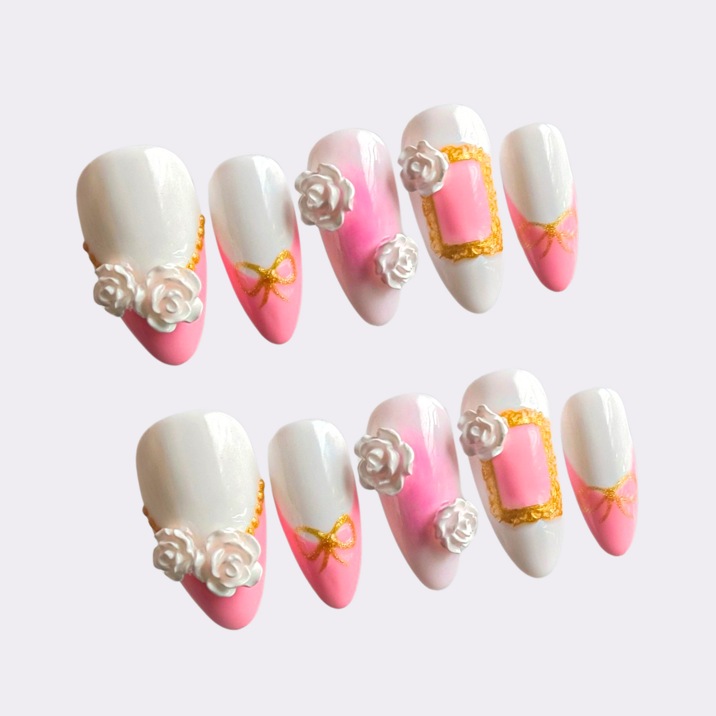 Pink & White Gel Press-On Nails with White Roses