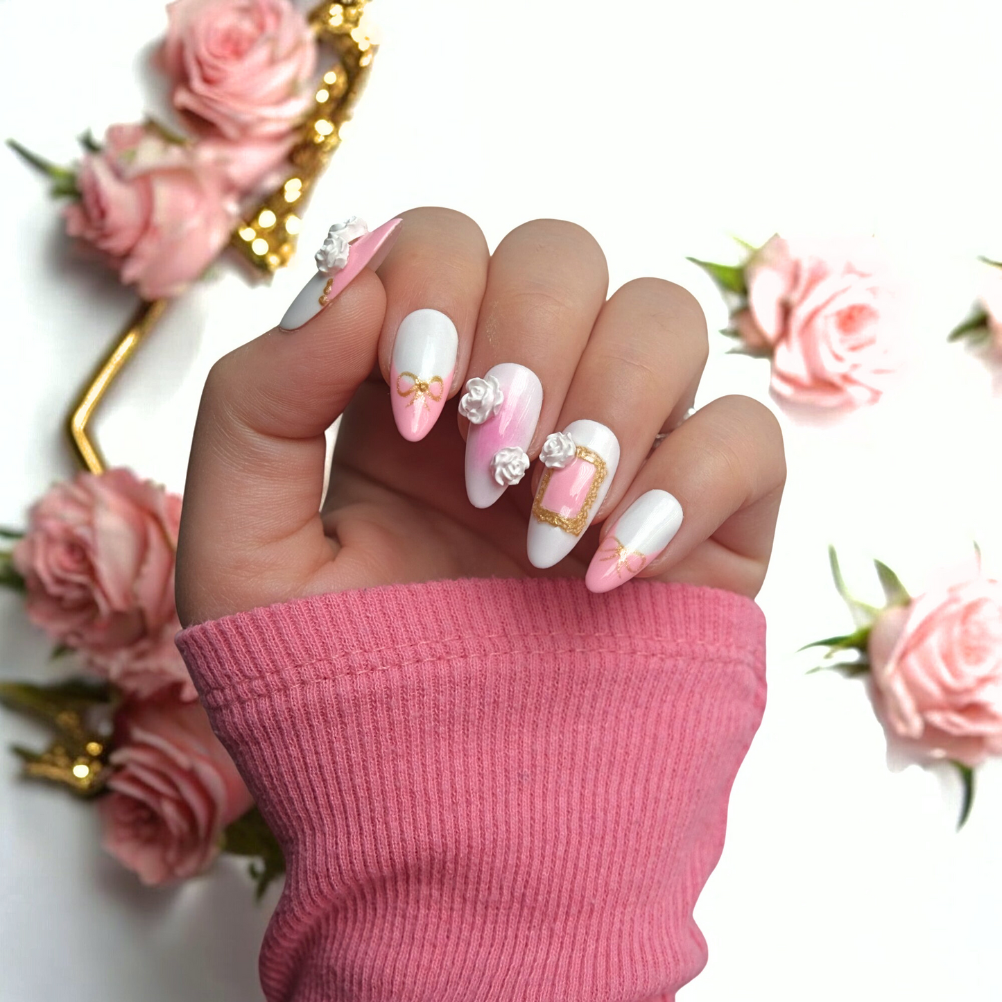 Pink & White Gel Press-On Nails with White Roses
