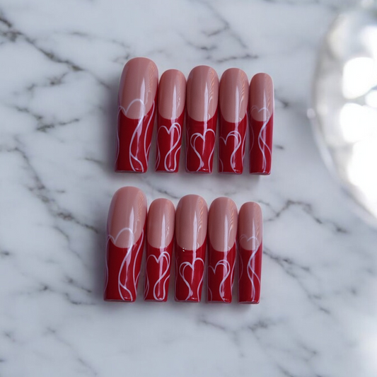 Red French Gel Press-On Nails with Heart Line Art