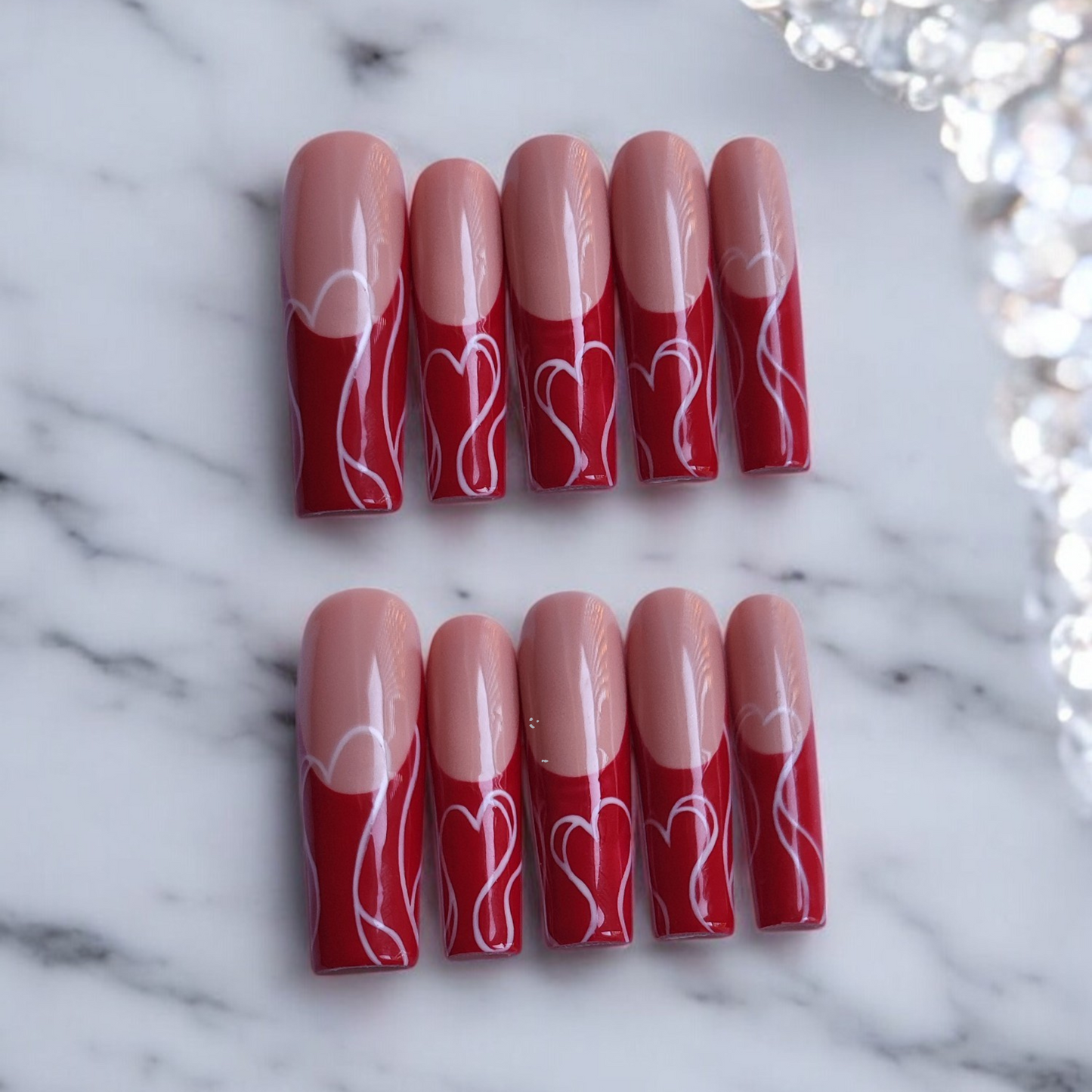 Red French Gel Press-On Nails with Heart Line Art