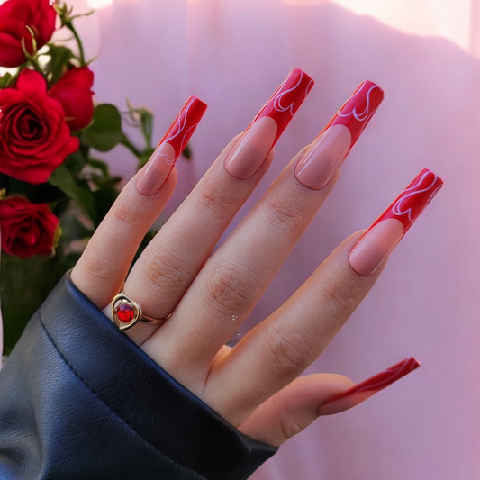 Red French Gel Press-On Nails with Heart Line Art