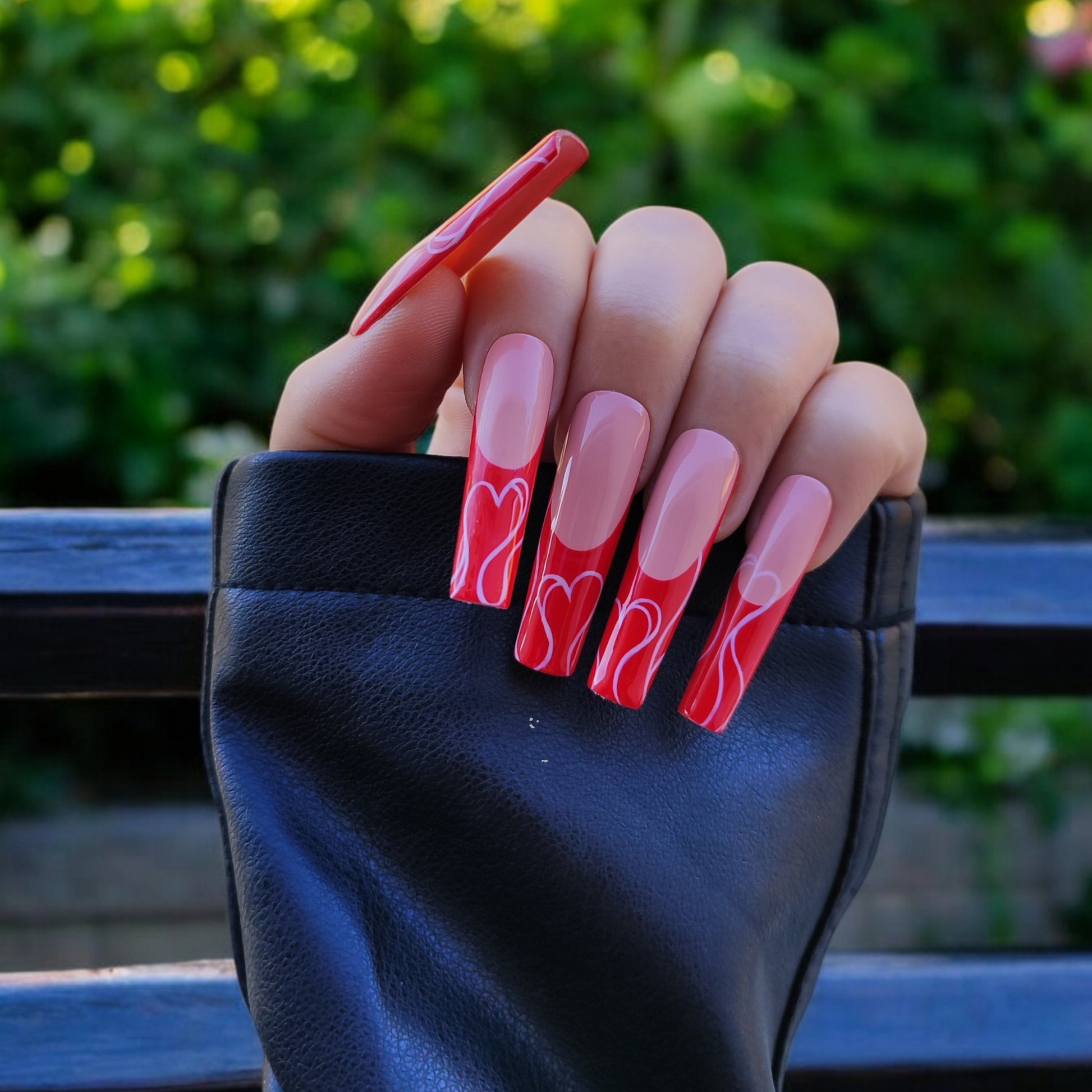 Red French Gel Press-On Nails with Heart Line Art